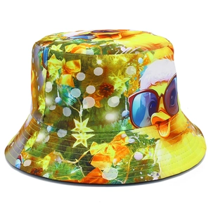 Detailed full print of cute cartoon ducks and stars on a yellow holiday bucket hat