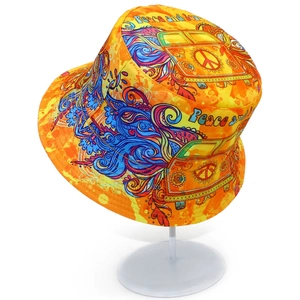 Unisex peace and love pattern sun bucket hat with vibrant psychedelic hippie print