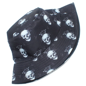Foldable black bucket hat featuring white crown skull prints for Halloween outdoor styling