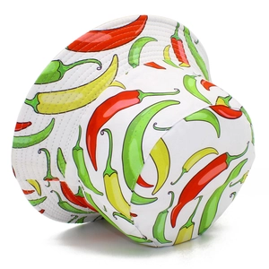 White bucket hat with colorful chili pepper patterns for outdoor sun protection