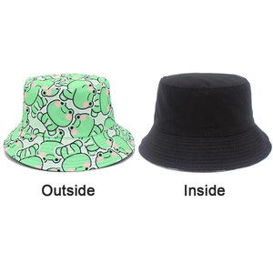 Detailed comparison of reversible bucket hat showing cute frog print and solid black sides