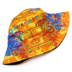 Orange hippie bucket hat with peace and love slogan and vintage bus print