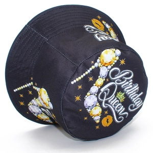 Detail view of Birthday Queen embroidery with jewelry and lips on black bucket hat