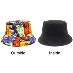 Detail view of double-sided bucket hat featuring colorful graffiti and solid black interior