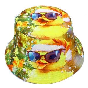 Yellow bucket hat with festive Christmas duck print for sun protection and outdoor travel