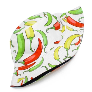 White bucket hat with colorful chili pepper patterns for outdoor sun protection