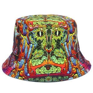 Short-brim bucket hat with psychedelic animal print and surreal green eyes pattern