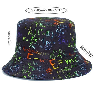 Detail view of black bucket hat with colorful mathematical and physics formula print