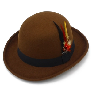 Close-up of classic wool bowler hat featuring a black ribbon and colorful feather accent