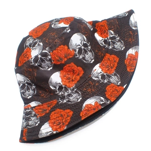 Reversible bucket hat with skull and red rose prints for Halloween fashion styling