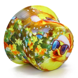 Yellow sun bucket hat with cute Christmas cartoon duck print for outdoor sun protection