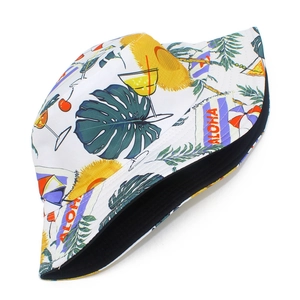 Detail of white bucket hat featuring tropical Aloha prints and black inner lining