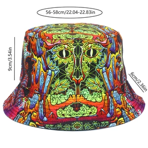 Detailed size chart for the psychedelic print bucket hat showing brim and height dimensions