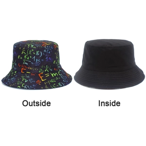 Detailed comparison showing reversible bucket hat with science formulas and plain black side