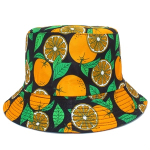 Chapeau bob noir unisexe avec motifs d'oranges et feuilles pour protection solaire été