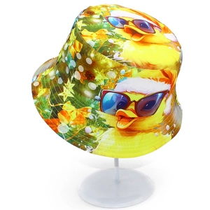 Yellow bucket hat with cute cartoon duck print for festive outdoor sun protection