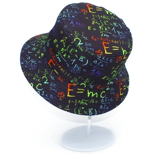 Black bucket hat with colorful neon math and physics formulas print for unisex outdoor wear