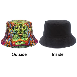 Dual-sided bucket hat featuring psychedelic abstract print and a solid black inner side