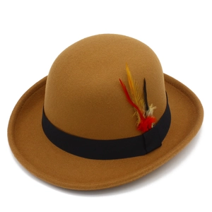 Detail of camel wool felt bowler hat with black grosgrain ribbon and colorful feather trim