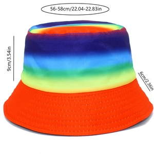Detailed size chart for the rainbow bucket hat showing dimensions in cm and inches