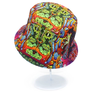 Double-sided bucket hat with psychedelic cat eye print and vibrant neon tribal patterns