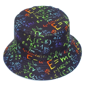 Black bucket hat with colorful physics and math formulas print for geek fashion