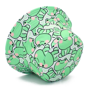Detailed top view of a green bucket hat featuring cute cartoon frog prints all over