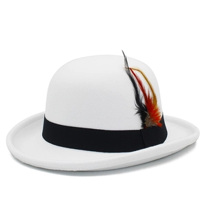 Classic white wool bowler hat with black ribbon and colorful feather accent decoration
