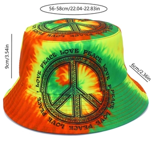 Λήψη macro από tie-dye καπέλο bucket με στάμπα Peace and Love και λεπτομέρειες μεγέθους