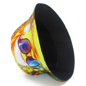 Detail view of the cute duck print bucket hat showing fabric texture and black inner lining