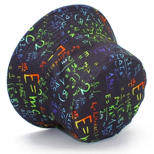 Black bucket hat with colorful neon science and math formulas in a trendy geek style