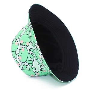 Detail of green fisherman hat with cute cartoon frog pattern and black inner lining