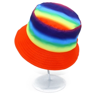 Rainbow striped bucket hat with orange brim and colorful polyester material for sun protection