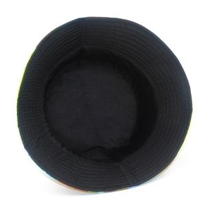 Close-up of duck print bucket hat interior featuring black lining and reinforced stitching