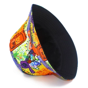 Detail of multi-color graffiti bucket hat with crown prints and artistic hand-drawn patterns