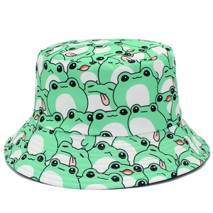 Cute green frog pattern fisherman hat for women with all-over cartoon print sun protection