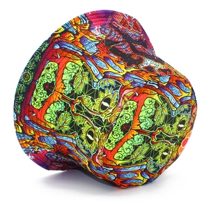 Detail view of double-sided bucket hat featuring vibrant psychedelic mandala patterns