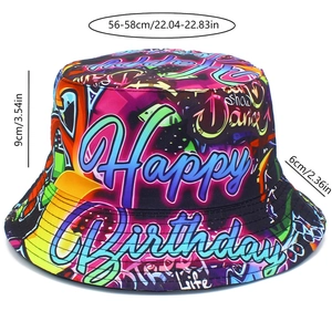 Detail view of graffiti fisherman hat showing Happy Birthday text and vibrant spray patterns