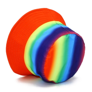 Rainbow striped bucket hat with bright orange brim for versatile summer sun protection