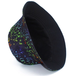 Detail view of black bucket hat with colorful scientific and mathematical formulas print