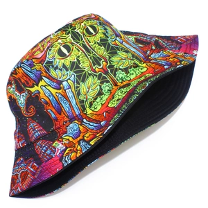 Close-up of psychedelic print bucket hat featuring vibrant patterns and black inner lining