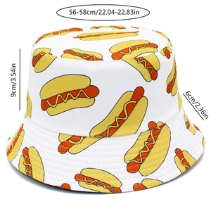 Detailed dimensions of hot dog pattern bucket hat with 56-58cm head circumference size