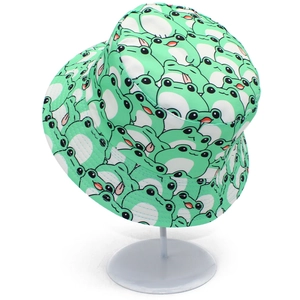 Detail of cute green frog pattern print on breathable canvas sun bucket hat for outdoor