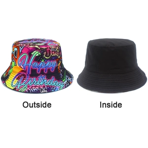 Detail view of reversible bucket hat showing colorful graffiti outside and plain black inside