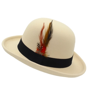 Close-up of wool bowler hat with colorful feathers on black ribbon band detail