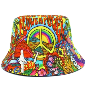Wendbar Baumwolle Anglerhut Damen Herren Hippie Psychedelisch Pilz Friedenssymbol Druck Sonnenhut Flower Power Graffiti Streetwear Hut