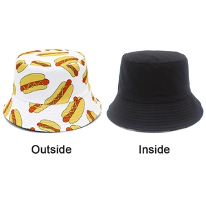 Dual-sided bucket hat featuring vibrant hot dog print and a solid black inner side