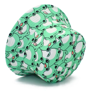 Detail view of cotton bucket hat with cute cartoon frog pattern and neat stitching