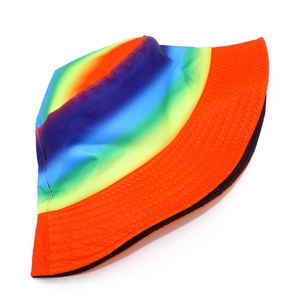 Detailed view of reinforced stitching on colorful gradient rainbow bucket hat