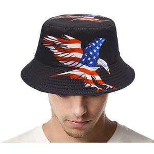 Black bucket hat featuring a soaring eagle print with American flag stars and stripes pattern